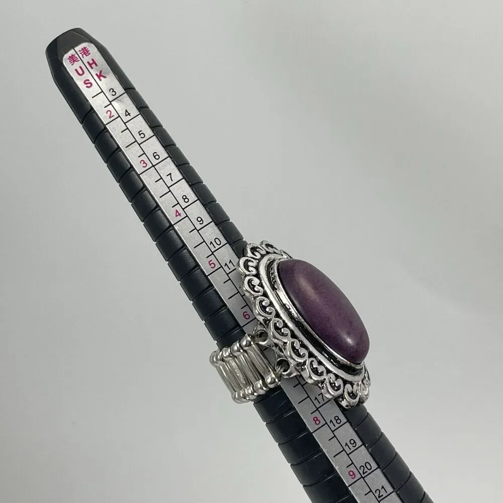 Purple Howlite Gemstone Oval Statement Silver Tone Stretch Ring Art Deco